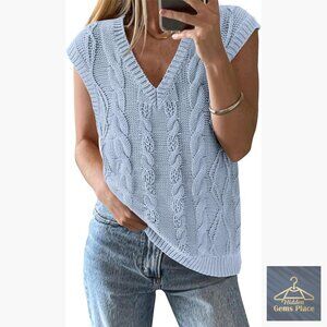 Oversized V-Neck Cable Knit Sweater Vest Loose Fit Pullover Sleeveless Top
